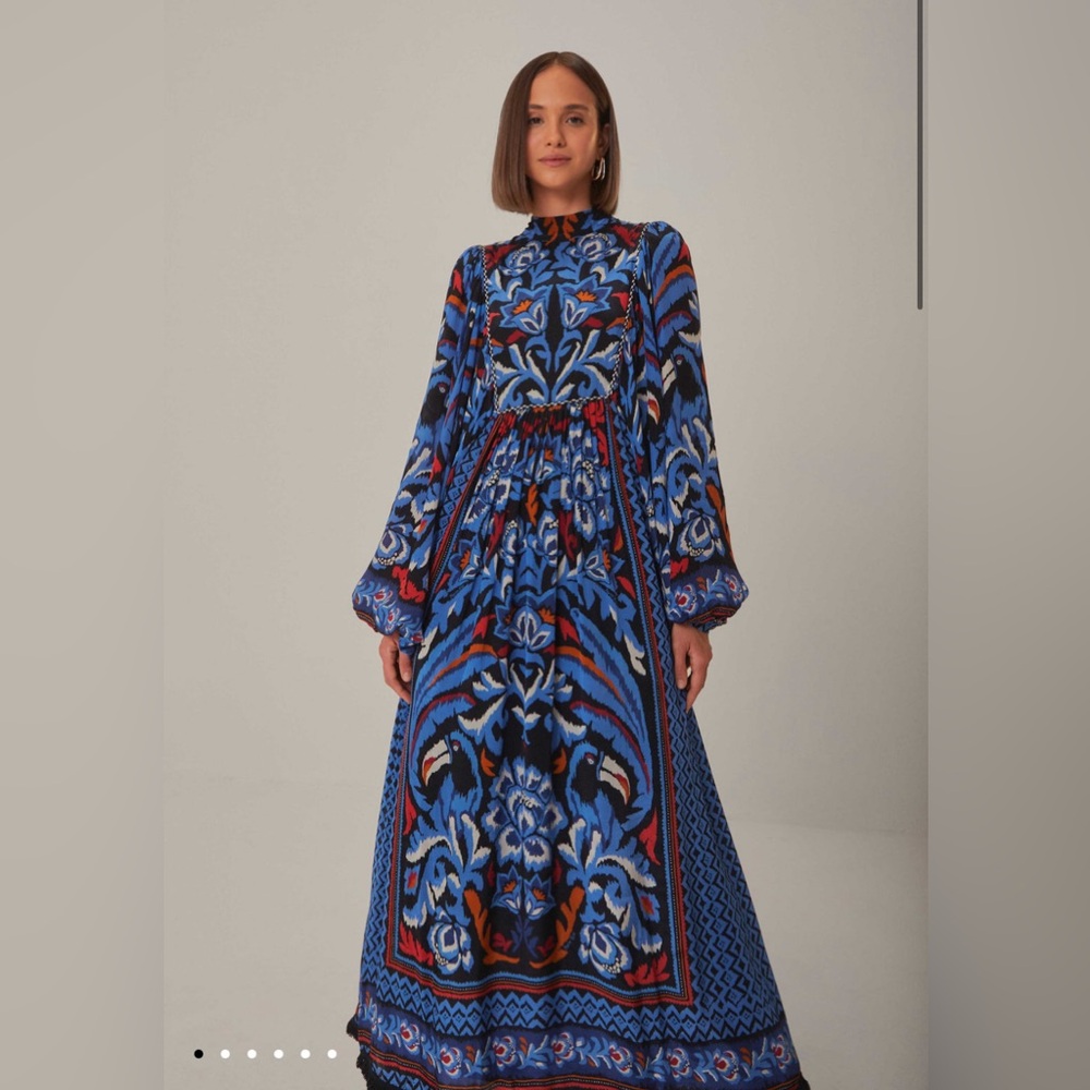 Farm Rio Black Toucans Scarf Long Sleeve Maxi Dress